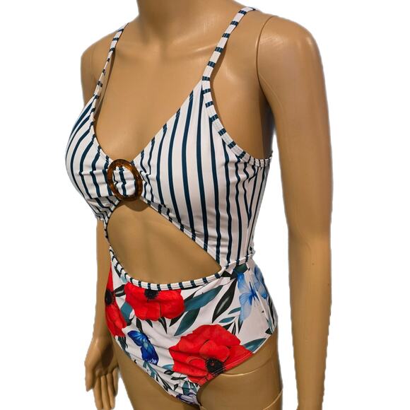 Cupshe Striped & Floral Print Cut-Out One Piece Swimsuit Medium - Picture 2 of 5